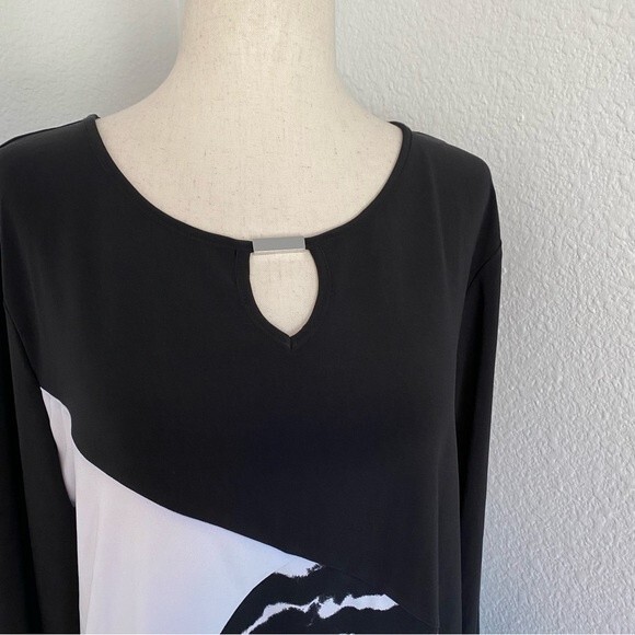 Black White Color Block Wave Pattern Key Hole Cut Out Tie Front Blouse Size PL - Picture 4 of 12